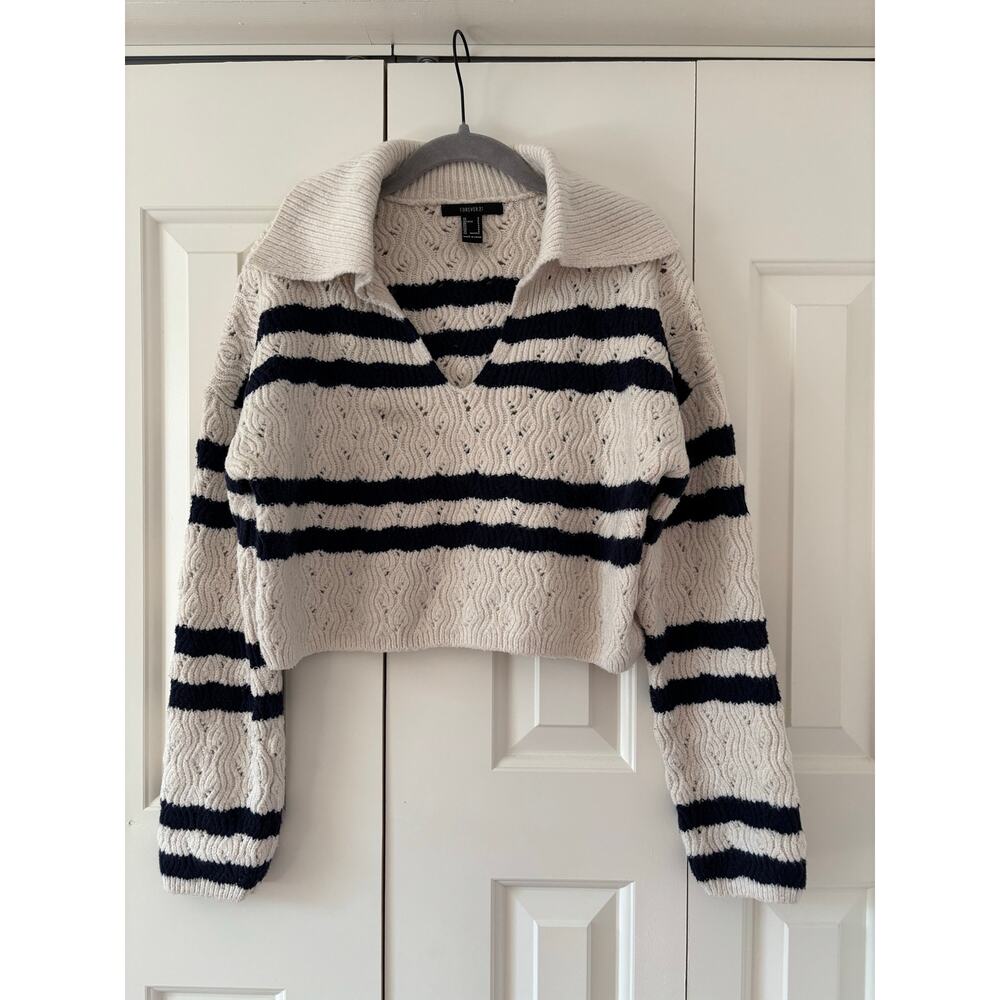 Forever 21 Striped Collared Crop Sweater Ivory Navy Cable Knit Women’s S - Picture 2 of 6